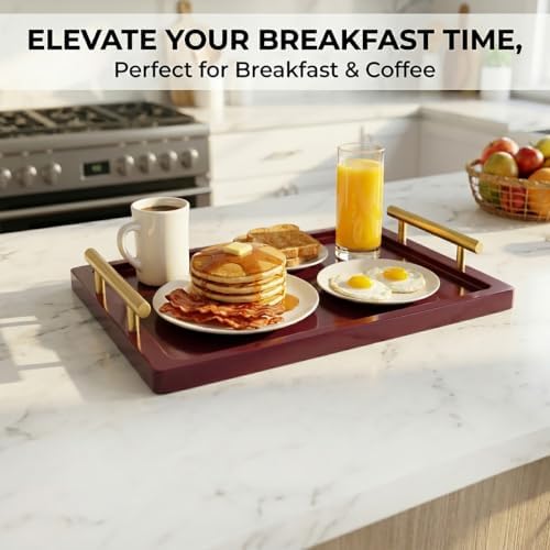 PEKER Wooden Serving Tray with Metal Handles, Black Decorative Coffee Table Tray for Breakfast in Bed, Ottoman & Home Décor, Wooden Food Tray for Kitchen
