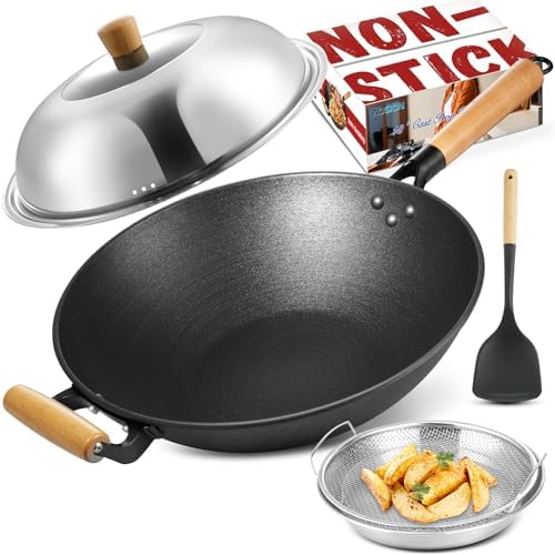 AOSION 13'' Nonstick Wok, Cast Iron Wok with Lid, Wok Pan & Stir-Fry Pans