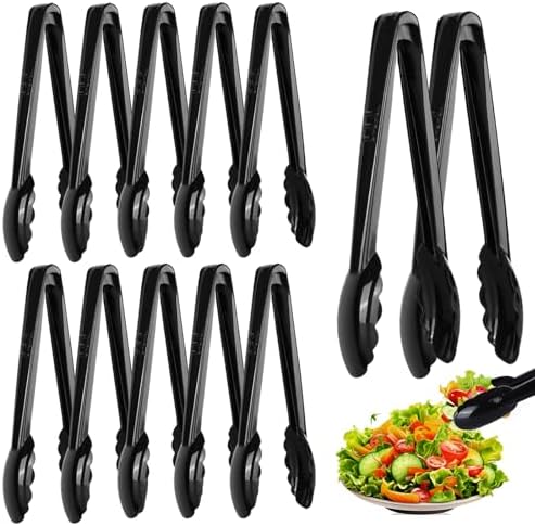 Mwellewm 12 Pc Serving Tongs 9 Inch Bulk Reusable or Disposable Plastic Tongs Heavy Duty Hard Plastic Serving Utensils Set Large Salad Tong for Kitchen Party Food Buffet Appetizer Catering(Black）