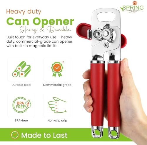 Spring Chef Stainless Steel Manual Can Opener with Soft Grip Handles, Red
