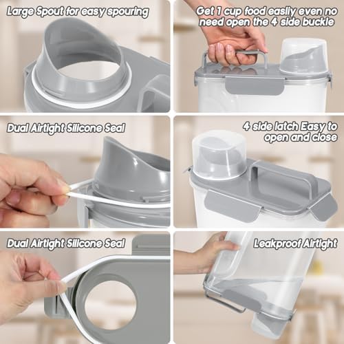 LEAWALK 5Lbs Airtight Cat Dog Food Storage Container With Upgraded Large Nozzle, BPA-Free Pet Food Storage Containers For Rice, Grain, Pet Food, Flour Dog Treat Storage-2Pack Grey