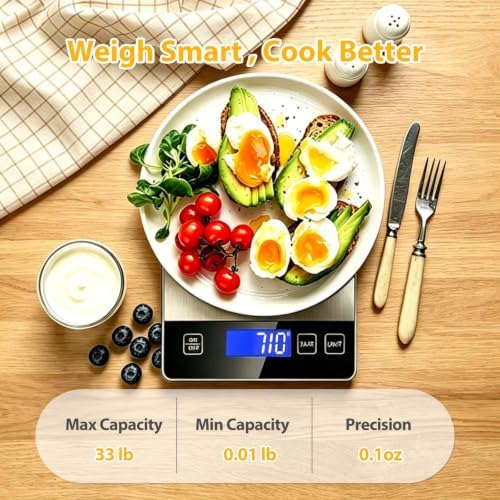 Food Scales for Kitchen, 33lb Kitchen Scales Digital Weight Grams and Ounces, Stainless Steel Food Weight Scale Rechargeable for Baking Cooking, Batteries and Type-C Charging with LCD Display