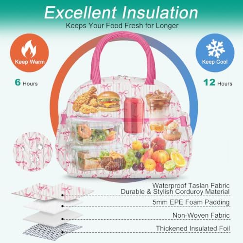 Coobiiya Cotton Quilted Lunch Bag,Cute Insulated Puffer Lunch Box for Women