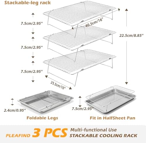 Pleafind 3 Pieces Stackable Cooling Rack - 16 x 10 Inch Wire Rack, 0.43" Dense-Grid Cooling Racks for Cooking, Baking, Roasting, Grilling, Oven and Dishwasher Safe, Silver