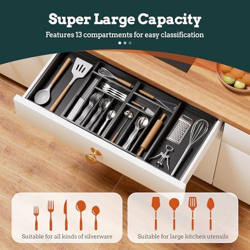 Silverware Organizer Large, Magnetic Connected Expandable 13 Slots Silverware Drawer Organizer From 21 to 37.4 Inches, Adjustable Flatware and Cutlery Holder, Bamboo Utensil Tray for Kitchen Black