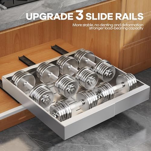 Seinloes 2 Pack Expandable Pull Out Cabinet Organizer 21"Deep With Raising Pad for Framed Cabinets,Upgrade 3 Slide Rails Slide Out Drawers,Roll Out Shelves Adhesive,Adjustable Width 12.05"-20.4"Silver