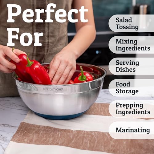 Priority Chef 6Pc Stainless Steel Mixing Bowls with Lids Set, Huge 7 Qrt Size Metal Bowl Set for Kitchen, 3 Graters, Non-Slip Bases & Silicone Utensils Set, Blue