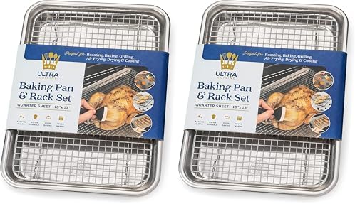Ultra Cuisine Quarter Sheet Pan with Wire Rack Set - Includes Premium Aluminum Baking Sheet with 100% Stainless Steel Baking Rack, Cookie Cooling Racks with 1/4 Pan Commercial Quality (Pack of 2)