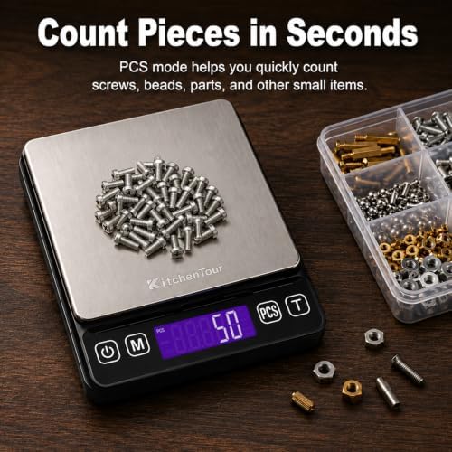 KitchenTour Digital Kitchen Gram Scale - 3000g/0.1g - High Accuracy Precision Food Scale with 9 Units(g/oz/ml/lb/lb:oz/gn/ozt/DWT/ct) - Meat Scale with Back-Lit LCD Display(Batteries Included)