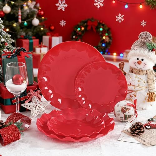 LIYH Red Christmas Plastic Plates Reusable Unbreakable, Dishwasher 25Guests