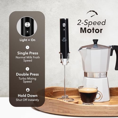 Zulay Kitchen Rechargeable Milk Frother Handheld - Frother Wand, Drink Mixer, Electric Whisk Frother, for Cappuccinos, Matcha & Protein Powder - Lux 4 Whisk 2 Speed Waterproof 2000mAh Alpha Black