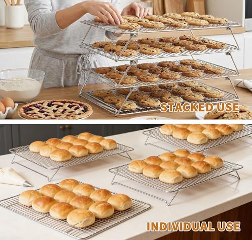 4PCS Sourdough Bread Cooling Rack, Oven Rack for Baking and Cooking Collapsible 12"x 16.5" for Half Sheet, Wire Rack Stackable Stainless Steel Rack for Cookie, Cake, Bacon and Jerky