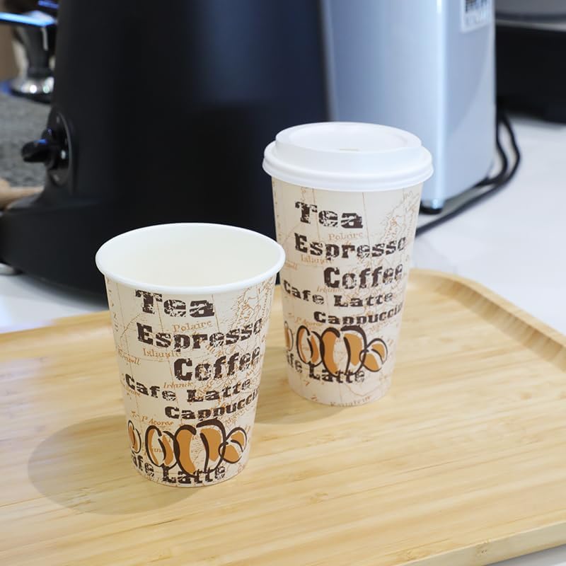 Amazon Basics Disposable Hot Paper Coffee Cups with Lids, To Go, Café Design, 16 oz, 100-Count