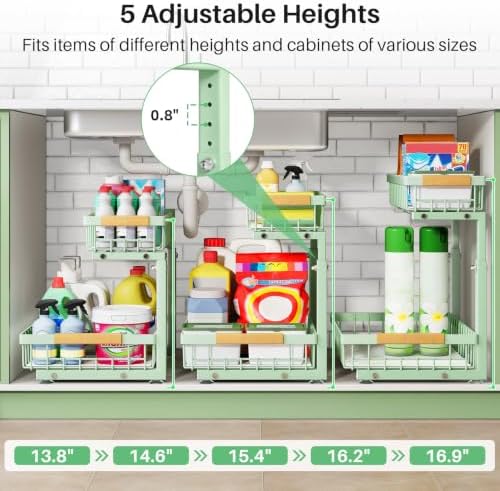 Kitstorack Under Sink Organizer, 2 Tier Under the Sink Storage, Slide out Pull out Cabinet Organizer Shelf, Metal Sliding Drawer for Kitchen Bathroom Pantry Closet Organization Rack, Green, 1 Pack