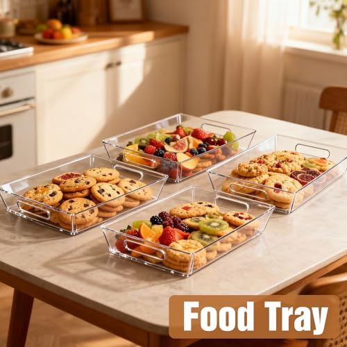 Clear Plastic Serving Tray with Handles, BPA-Free Storage Organizer Tray - Large Serving Trays 16"x11.5" Reusable Serving Platters for Appetizer, Fruit, Kitchen, Desk & Serving Tray for Party Supplies