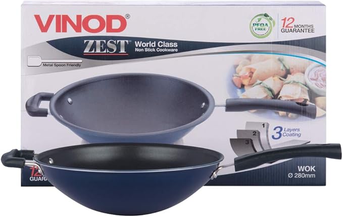 Vinod Zest Non-Stick 3mm Thick PFOA-Free Wok, 11", Black