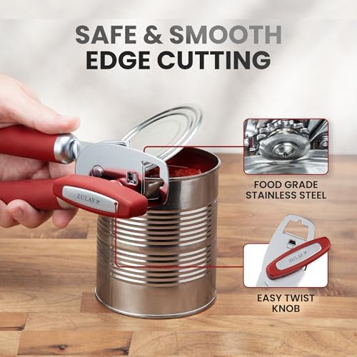 Zulay Kitchen Manual Can Opener Heavy Duty Patented Stainless Steel, Red