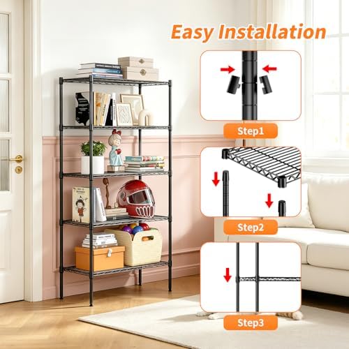 BestOffice | 5-Tier Wire Shelf with Wheels | 14" x 30" x 61" | Black
