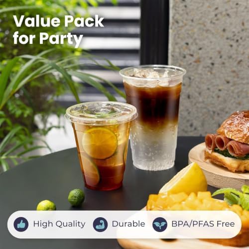 Fit Meal Prep 200 Pack 16 oz Plastic Iced Coffee Cups with Flat Lids and Clear Straws, Disposable Clear Cup, BPA Free Cup for Party, Smoothie, Cold Drinks, Juice, Milkshake, Bubble Boba, Tea