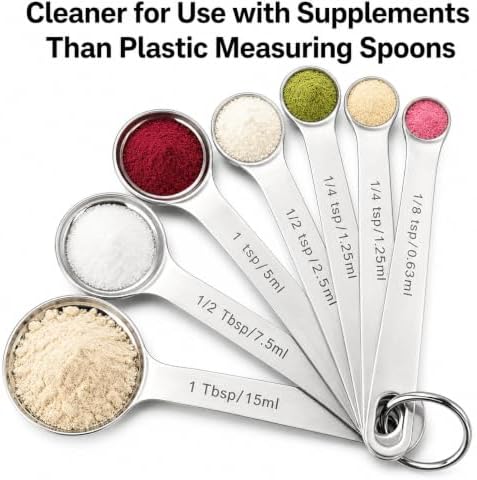 Stainless Steel Measuring Spoons Set of 6, Metal Measuring Spoons with Engraved US & Metric Measurements, Stackable with Ring Connector, Dishwasher Safe for Baking & Cooking