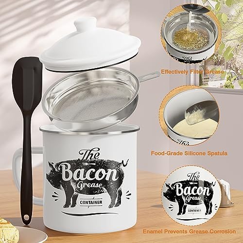 PGYARD Bacon Grease Container with Strainer-46OZ Enamel Keeper with Spatula