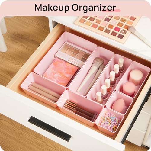 Vtopmart 44 PCS Plastic Drawer Organizers Set, Vanity Organizer Trays, Pink