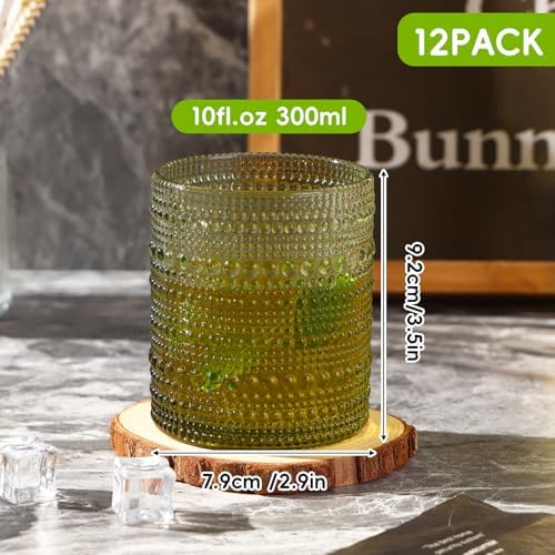 Moretoes 12 Pack 10 Oz Green Vintage Hobnail Drinking Glasses Set