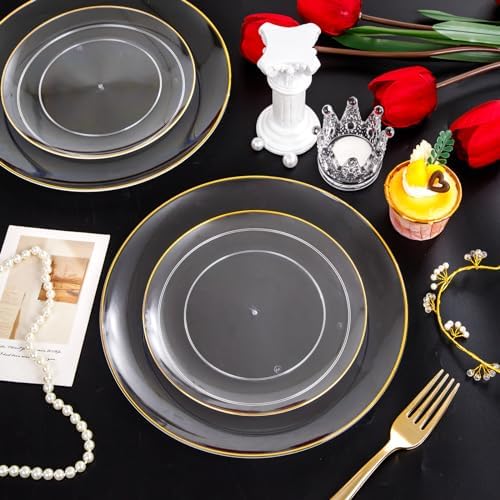 PULOTE 100PCS Clear and Gold Plastic Plates - Heavy Duty Clear Disposable Plastic Plates With Gold Trim for Wedding&Party Include 50 Dinner Plates, 50 Dessert Plates