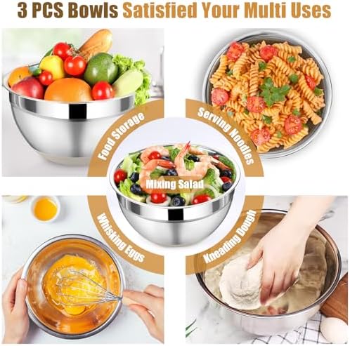 P&P CHEF Mixing Bowl with Lid Set of 3, Stainless Steel Salad Bowls, Khaki