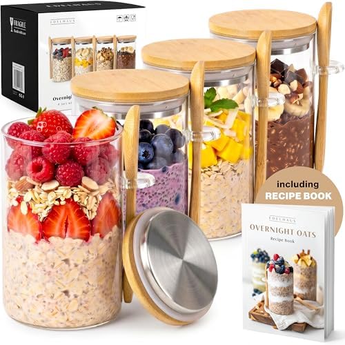 EDELHAUS Overnight Oats Containers with Lids - Glass Mason Jars, Meal Prep