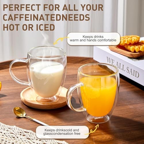 12 Oz Double Walled Glass Coffee Mugs with Handle, Insulated Layer Coffee Cups, Clear Borosilicate Glass Mugs - Gift for Cappuccino,Tea,Latte,Espresso,Hot Beverage,Cold Drinks, Set of 2