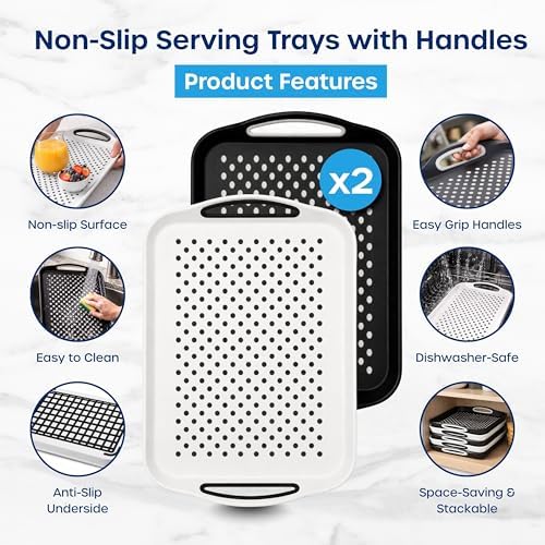 Food Trays for Eating on Couch - 2 Pack - Non Slip Dinner Trays for Eating Set of 2 Non Slip Serving Tray and Food Tray with Handles (Black & White)