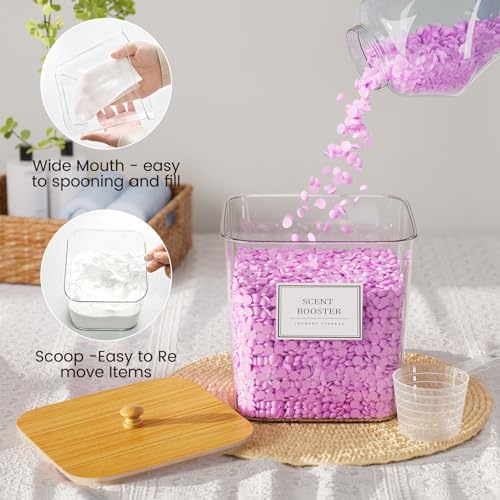 HomePekite Laundry Pods Storage Container, Clear Acrylic Laundry Room Organization and Storage ,Detergent Powder Container,with Wooden Lids & Labels, 4+1 Pack