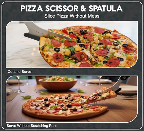 Pizza Scissors with Non Stick Slice Server. Sharp Pizza Cutting Without Topping Mess.Firm Grip, Food Grade Stainless Steel Pizza Cutter. Dishwasher Safe. 4 in 1 Kitchen Scissors (Black Spatula)