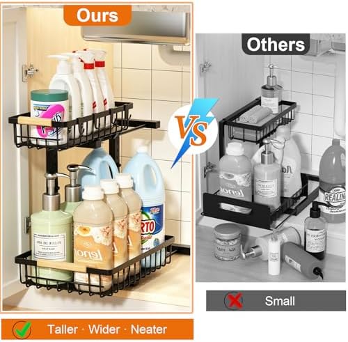 REALINN Under Sink Organizer, Adjustable 2 Tier Pull Out Kitchen Bathroom