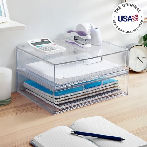 STORi STAX Plastic Stackable Organizer Drawers (Set of 2) Clear | 12.5" Wide | Set Includes Two Open Drawer | Organize Office Desk Accessories & Sort Paper | Made in USA (Pack of 2)