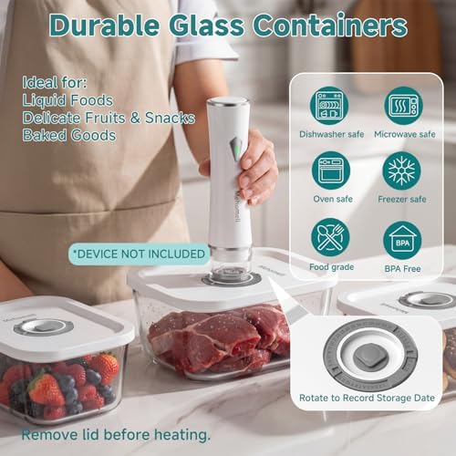 Mehomeli Glass Vacuum Seal Containers, 3-Piece Set, Small Medium Large