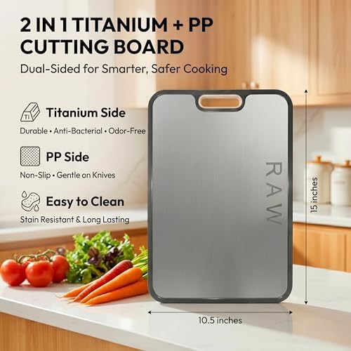 ELK DESIGNS Titanium Cutting Board - Double Sided Food Grade Chopping Board For Kitchen - Pure Titanium/PP, Non Porous Odor Resistant Cutting Board for Meat, Vegetables & Fruits, Large Size