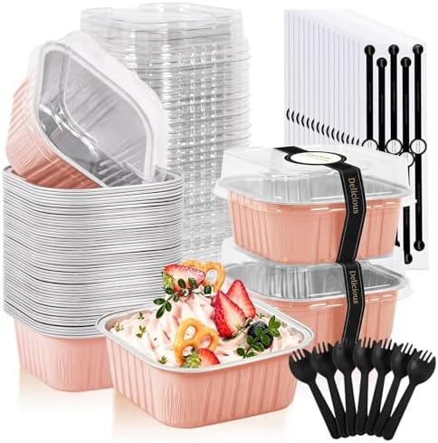 50 Pack Mini Cake Pans With Lids And Spoons,5oz Square Aluminum Foil Brownie Baking Cups,Small Cake Tins,Individual Cake Pans With Lids for Wedding Birthday Party (Champagne)
