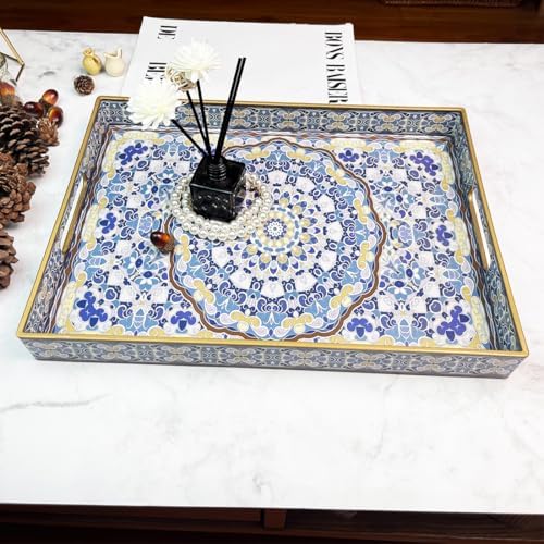 Blue Decorative Tray, Serving Tray with Handles, Plastic Large Tray for Coffee Table, Living Room, Decor, 15.7”*11.8”*1.6"