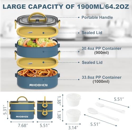 RIKDOKEN Lunch Box, Stackable 2 Layers Containers, Portable 64OZ Large Capacity Leakproof Bento Box with Spoon & Fork & Sauce Boxes, Microwave Safe Lunch Box for Kids and Adults