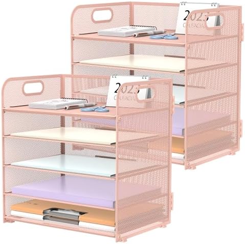 SUPEASY 2 Pack 5-Tier Pink Desk Organizer with Handle Mesh Desk File/Paper Organizer Letter Tray for Office, School and Home Easy Installation, Rosepink