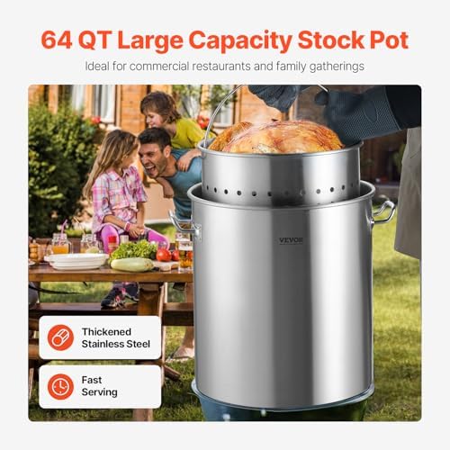 VEVOR Stainless Steel Stockpot, 64 Quart Large Cooking Pots, Cookware Sauce Pot with Basket, Lid, and Handle, Heavy Duty Commercial Grade Stock Pot, Sanding Treatment, for Large Groups Events Silver
