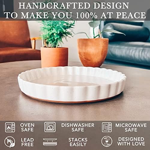 Mora Ceramic Tart Pan, 9.5 Inch Large Porcelain Baking Dish for Tarts, Quiche, Pie, Flan etc. Fluted Ruffled Edge, Oven, Microwave, Freezer, and Dishwasher safe - Great Gift For Bakers - Vanilla White
