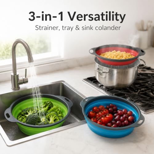 Collapsible Colander Set, 3 Pack Silicone Kitchen Strainer Set, Space Saving Design, Small Round Colander Baskets for Draining Pasta, Vegetable and fruit, (2Qt+3Qt+5Qt)