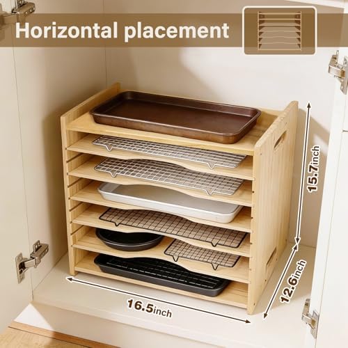 6 Tier Wooden Tray Dividers for Cabinets, Cookie Sheet Organizer 15.7" W x 16.5" H x 12.6" D Baking Sheets, Pans and Cutting Boards Organizer for Kitchen Cabinets or Countertop