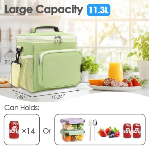 FlowFly Insulated Reusable Lunch Bag Adult Large Lunch Box for Women and Men with Adjustable Shoulder Strap,Front Zipper Pocket and Dual Large Mesh Side Pockets,Light Matcha