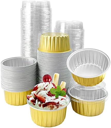 100Pcs Aluminum Cups with Lids,5oz Disposable Ramekin Baking Cups Muffin Liners Mini Pie Pans Foil Cupcake Containers for Christmas Party Wedding Party,Gold