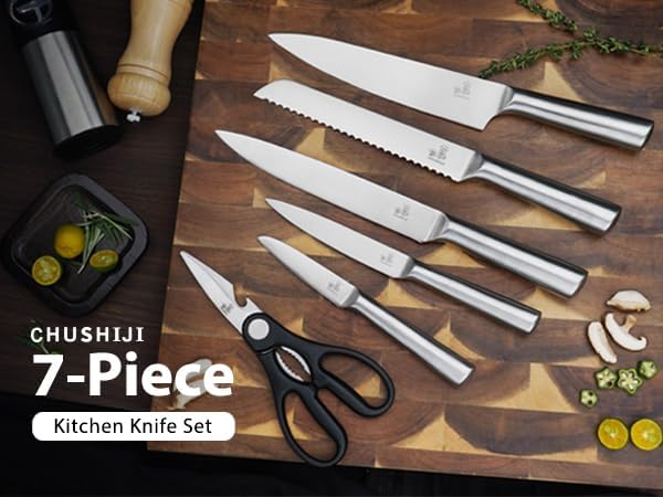 CHUSHIJI 6-Piece Silver Kitchen Knife Set | One-Piece Stainless Steel, Ultra-Sharp, Anti-Rust, Ergonomic Grip Knives with Universal Knife Block for Home Cooks & Beginners (silver)