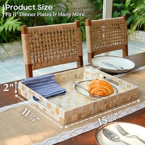 CHI AN HOME 16"x12" Capiz Shell Decorative Serving Tray with Handles, Ivory
